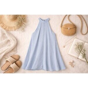 Light Blue Sleeveless High Neck A-Line Dress | Pearl Button Back | Size L